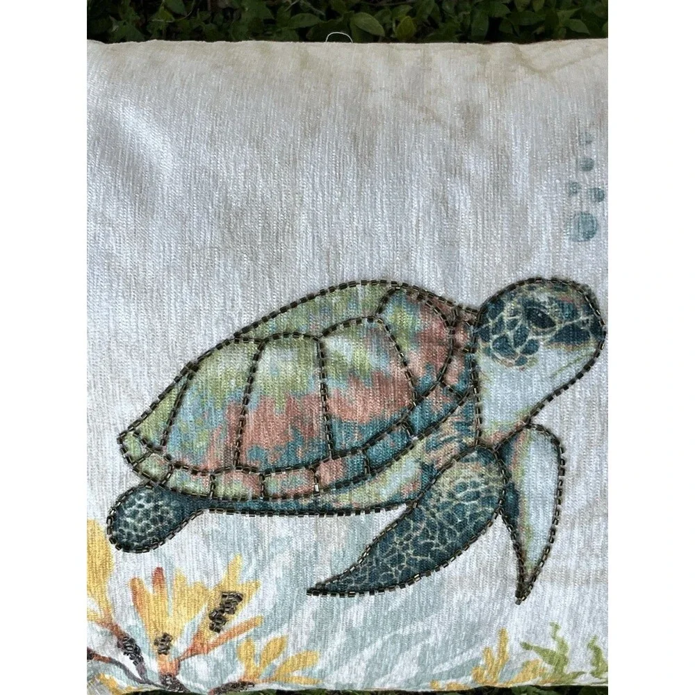Coastal Collection Nautical Beach Beaded Pillow 14x24 Green Sea Turtle Coral